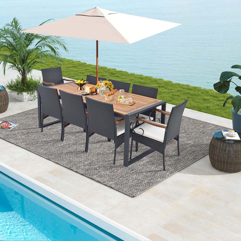 9Pcs Patio Rattan Dining Furniture Set with Acacia Wood Table, Outdoor Table Chairs Set with Cushions and 1.9" Umbrella Hole