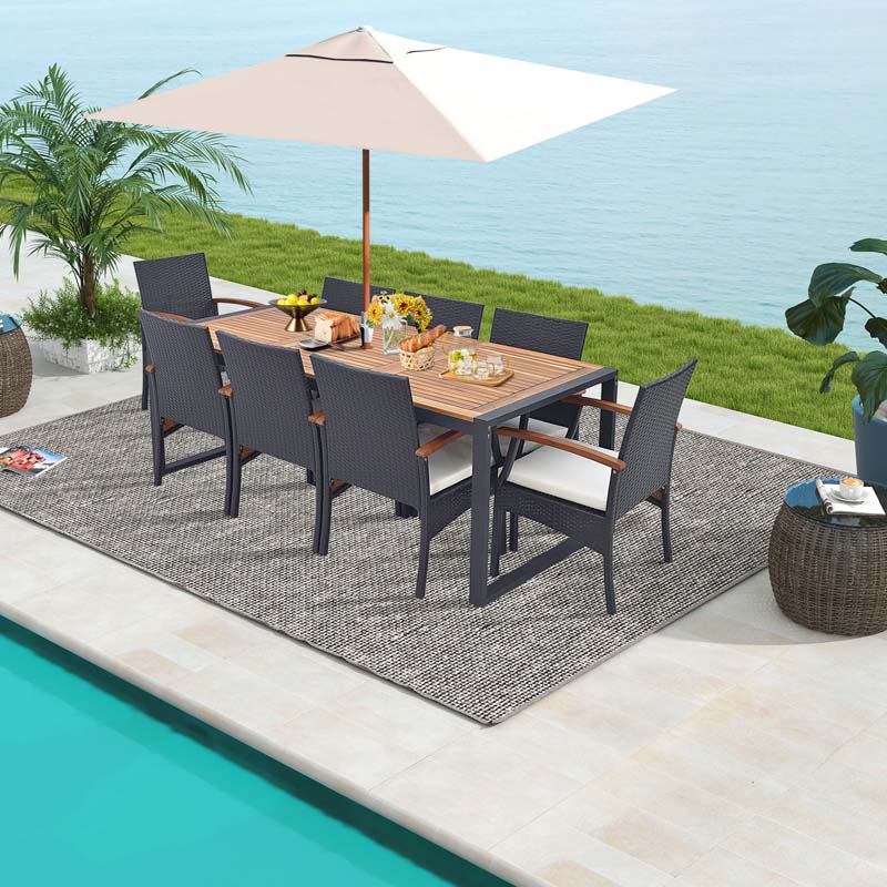 9Pcs Patio Rattan Dining Furniture Set with Acacia Wood Table, Outdoor Table Chairs Set with Cushions and 1.9" Umbrella Hole