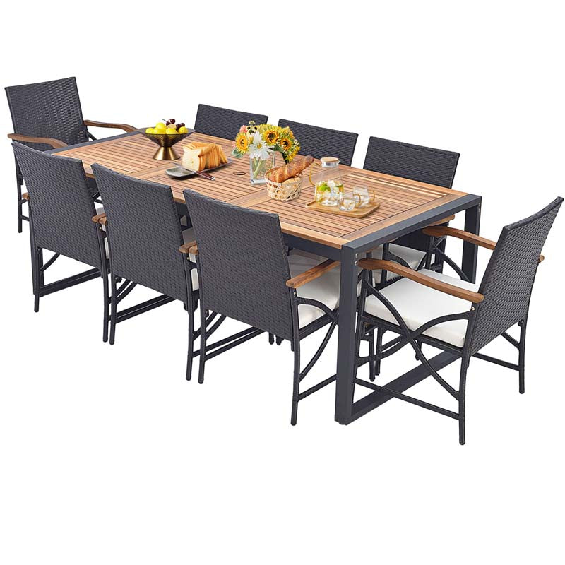 9Pcs Patio Rattan Dining Furniture Set with Acacia Wood Table, Outdoor Table Chairs Set with Cushions and 1.9" Umbrella Hole