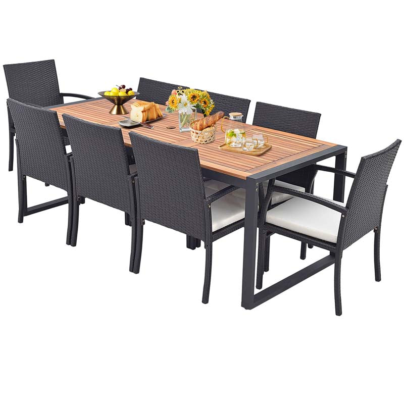 9Pcs Patio Rattan Dining Furniture Set with Acacia Wood Table, Outdoor Table Chairs Set with Cushions and 1.9" Umbrella Hole