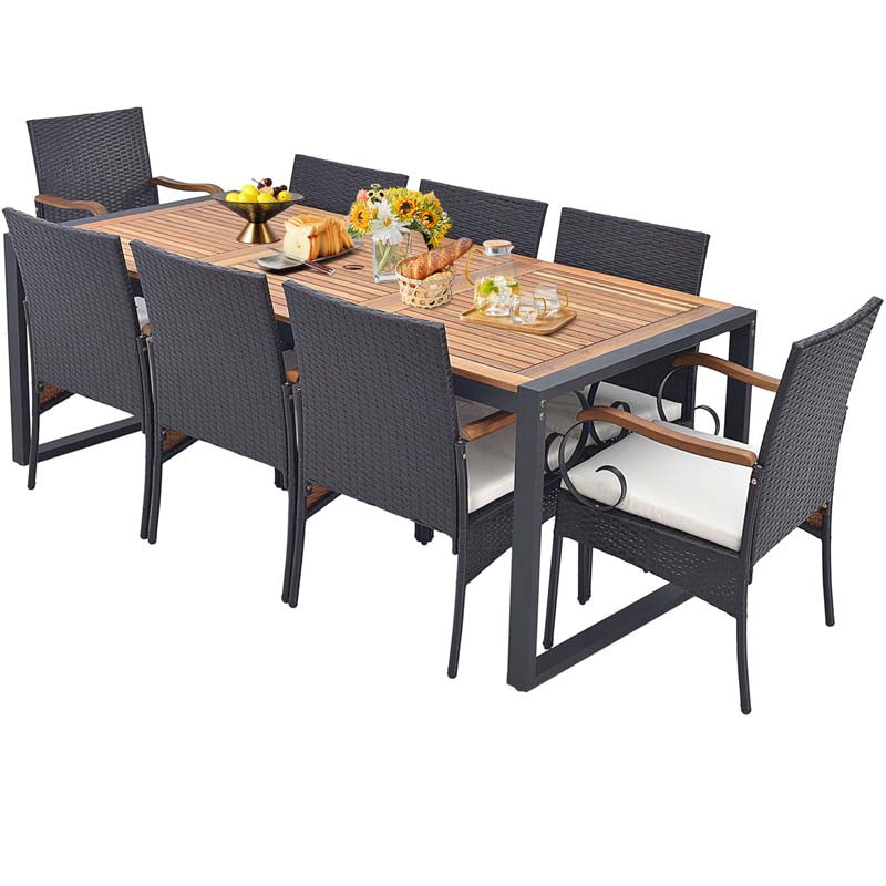 9Pcs Patio Rattan Dining Furniture Set with Acacia Wood Table, Outdoor Table Chairs Set with Cushions and 1.9" Umbrella Hole