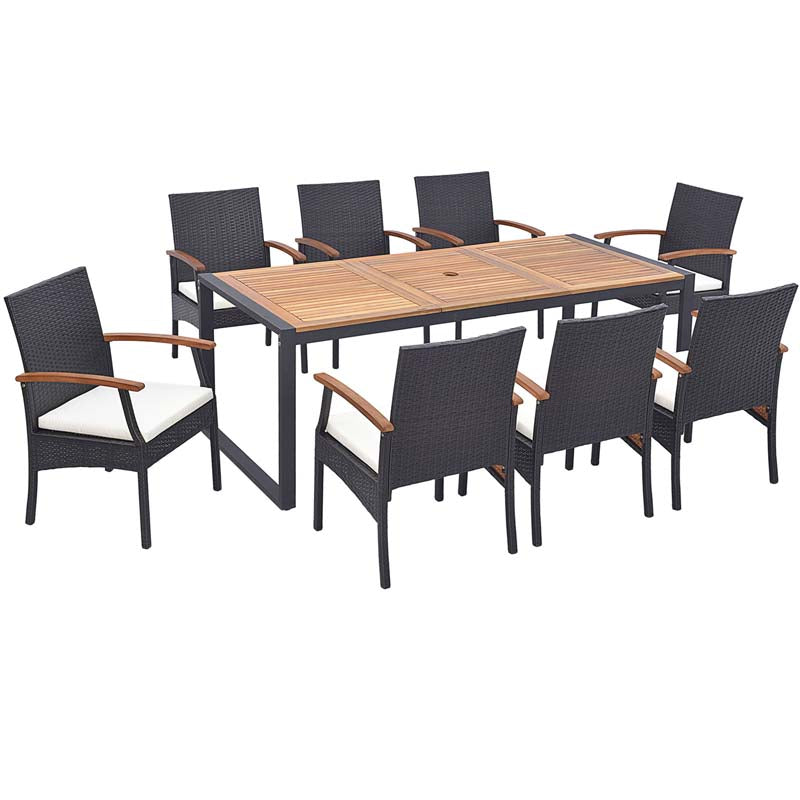 9Pcs Patio Rattan Dining Furniture Set with Acacia Wood Table, Outdoor Table Chairs Set with Cushions and 1.9" Umbrella Hole