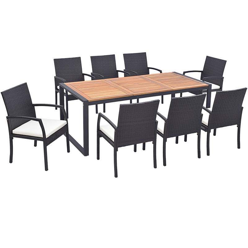 9Pcs Patio Rattan Dining Furniture Set with Acacia Wood Table, Outdoor Table Chairs Set with Cushions and 1.9" Umbrella Hole