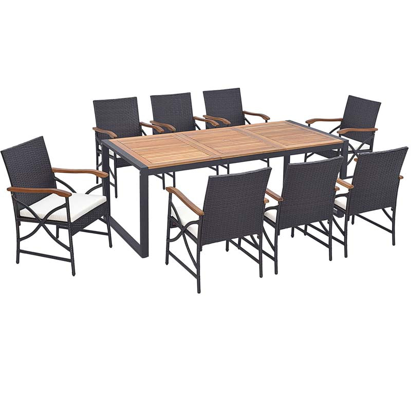 9Pcs Patio Rattan Dining Furniture Set with Acacia Wood Table, Outdoor Table Chairs Set with Cushions and 1.9" Umbrella Hole
