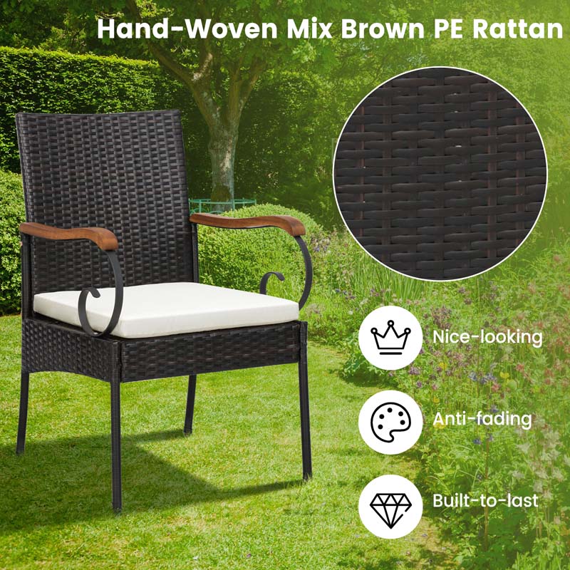 9Pcs Patio Rattan Dining Furniture Set with Acacia Wood Table, Outdoor Table Chairs Set with Cushions and 1.9" Umbrella Hole