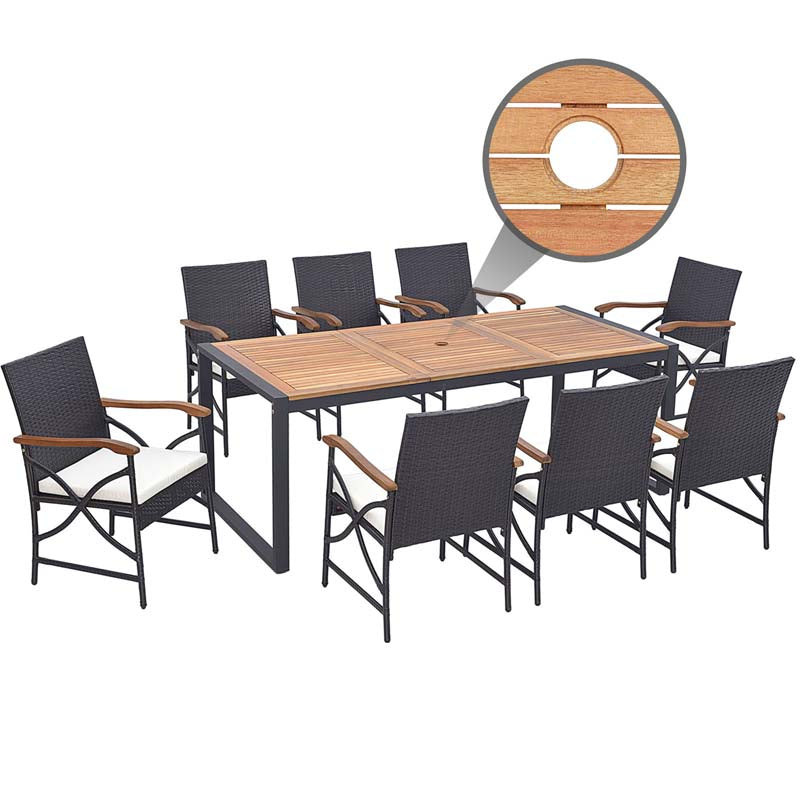 9Pcs Patio Rattan Dining Furniture Set with Acacia Wood Table, Outdoor Table Chairs Set with Cushions and 1.9" Umbrella Hole
