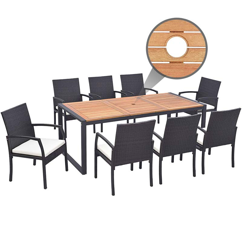 9Pcs Patio Rattan Dining Furniture Set with Acacia Wood Table, Outdoor Table Chairs Set with Cushions and 1.9" Umbrella Hole