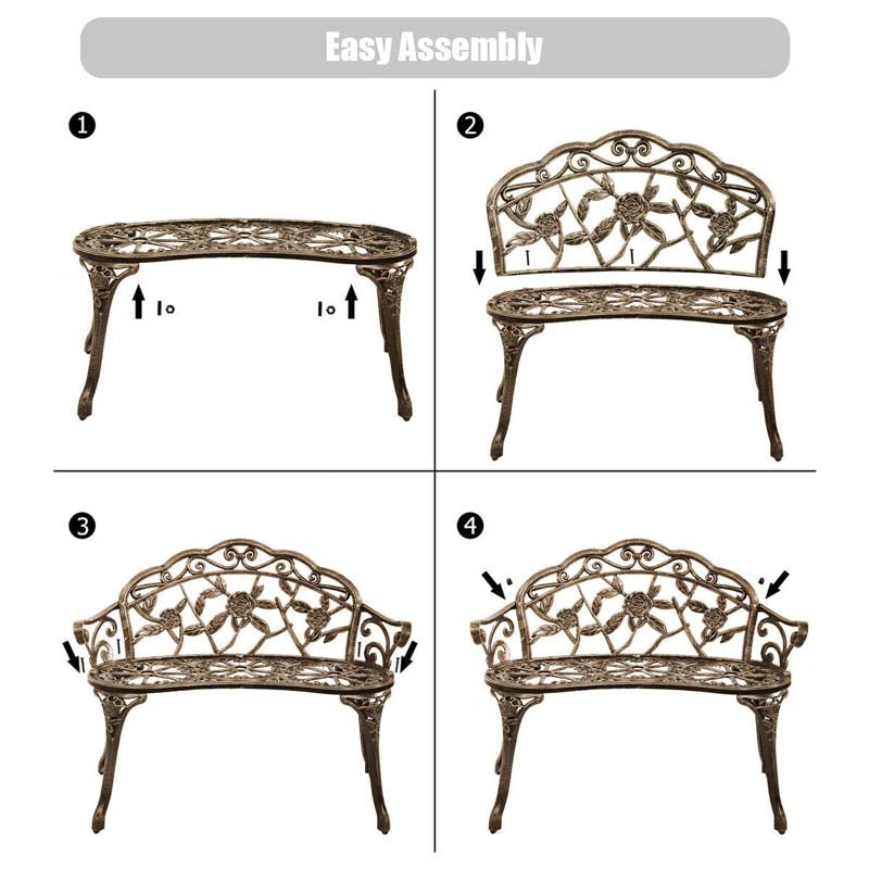 Antique Style Outdoor Garden Bench Park Bench, All-Weather Patio Bench Chair Loveseat with Cast Aluminum Seat & Backrest