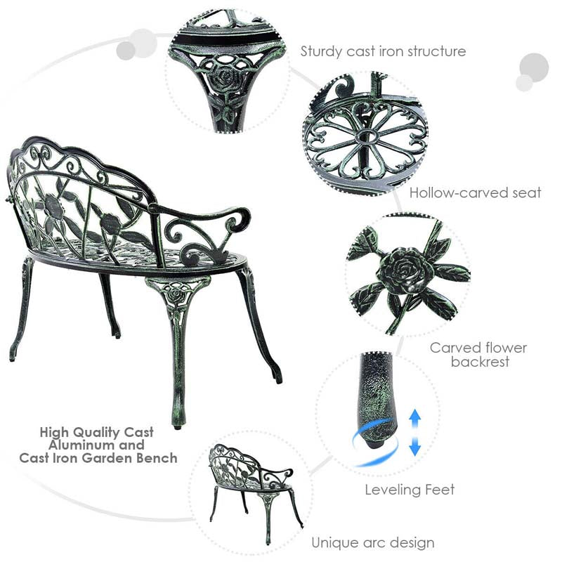 Antique Style Outdoor Garden Bench Park Bench, All-Weather Patio Bench Chair Loveseat with Cast Aluminum Seat & Backrest