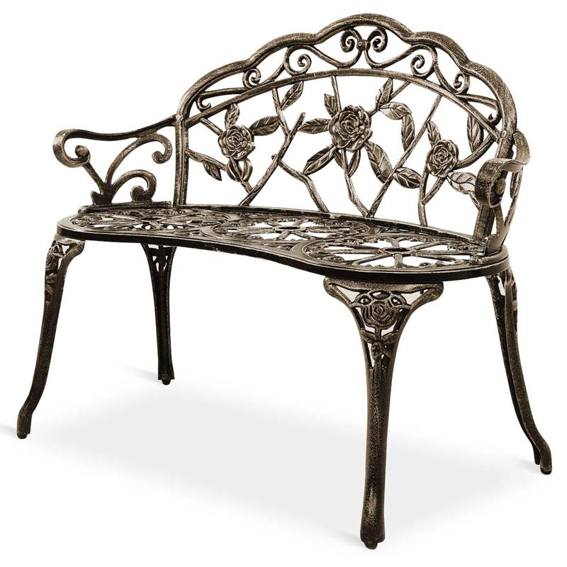 Antique Style Outdoor Garden Bench Park Bench, All-Weather Patio Bench Chair Loveseat with Cast Aluminum Seat & Backrest