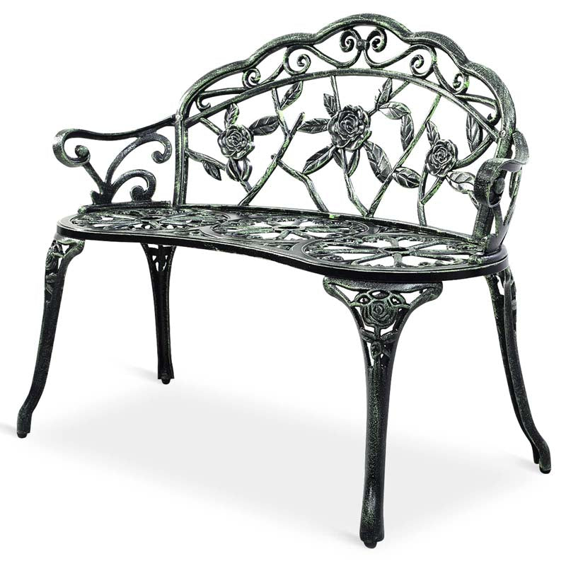 Antique Style Outdoor Garden Bench Park Bench, All-Weather Patio Bench Chair Loveseat with Cast Aluminum Seat & Backrest