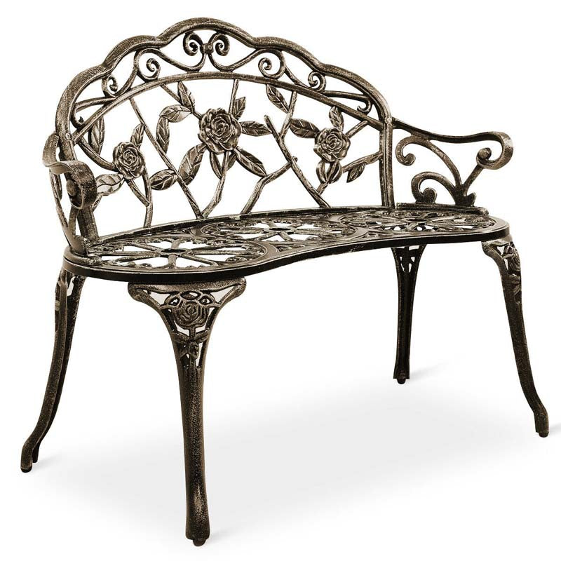 Antique Style Outdoor Garden Bench Park Bench, All-Weather Patio Bench Chair Loveseat with Cast Aluminum Seat & Backrest