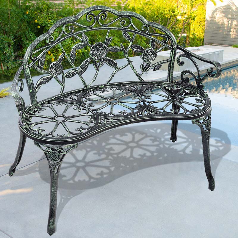 Antique Style Outdoor Garden Bench Park Bench, All-Weather Patio Bench Chair Loveseat with Cast Aluminum Seat & Backrest