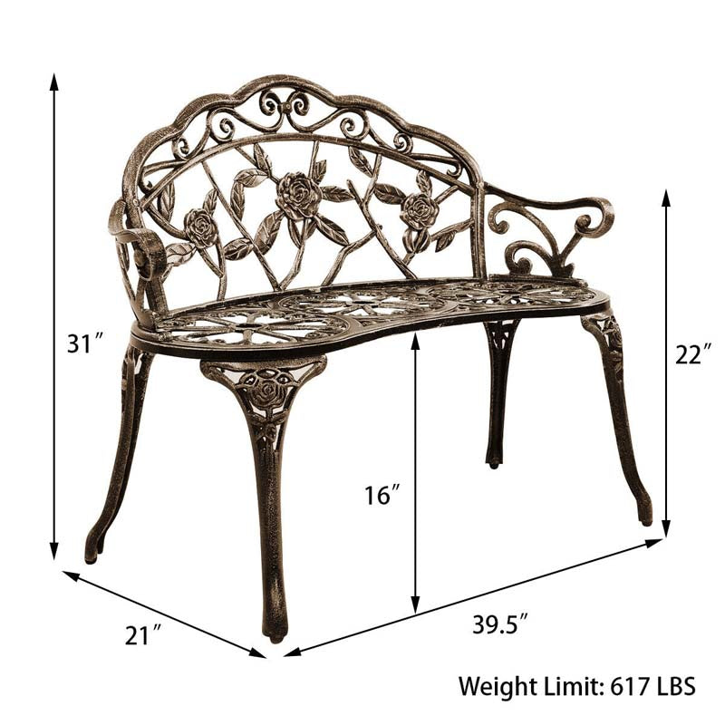 Antique Style Outdoor Garden Bench Park Bench, All-Weather Patio Bench Chair Loveseat with Cast Aluminum Seat & Backrest