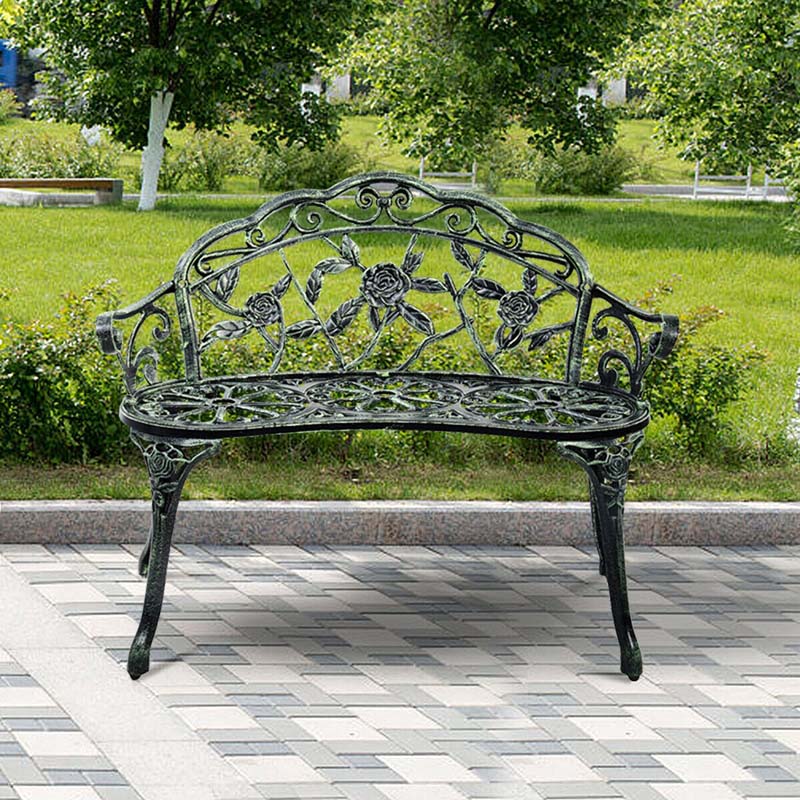 Antique Style Outdoor Garden Bench Park Bench, All-Weather Patio Bench Chair Loveseat with Cast Aluminum Seat & Backrest
