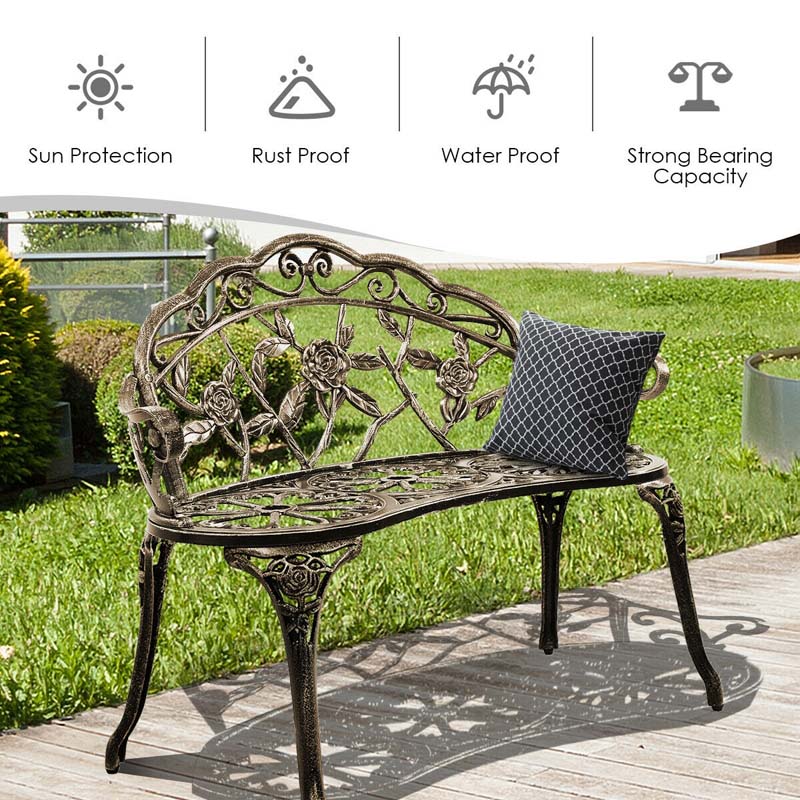 Antique Style Outdoor Garden Bench Park Bench, All-Weather Patio Bench Chair Loveseat with Cast Aluminum Seat & Backrest