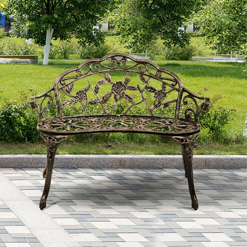 Antique Style Outdoor Garden Bench Park Bench, All-Weather Patio Bench Chair Loveseat with Cast Aluminum Seat & Backrest