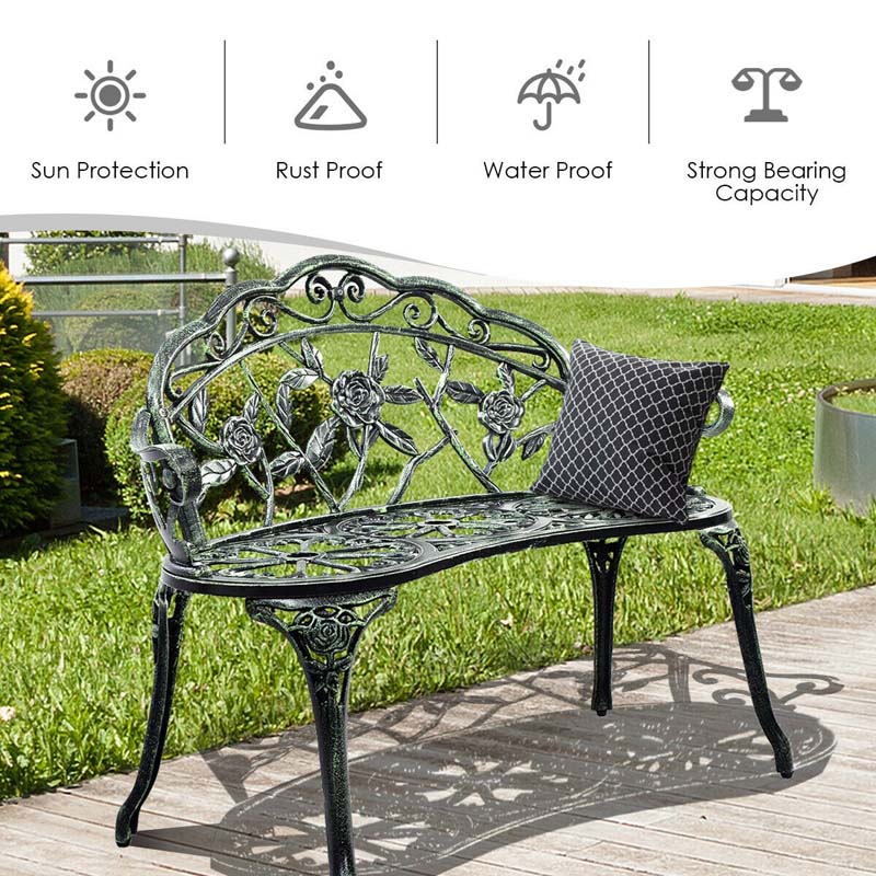 Antique Style Outdoor Garden Bench Park Bench, All-Weather Patio Bench Chair Loveseat with Cast Aluminum Seat & Backrest