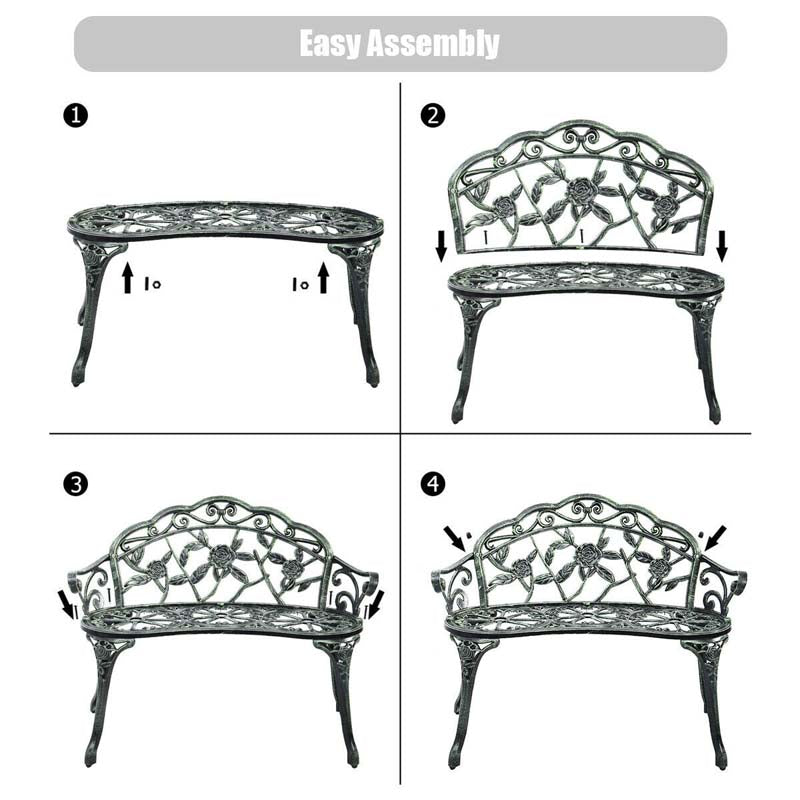 Antique Style Outdoor Garden Bench Park Bench, All-Weather Patio Bench Chair Loveseat with Cast Aluminum Seat & Backrest
