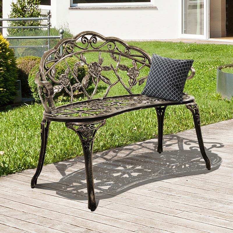 Antique Style Outdoor Garden Bench Park Bench, All-Weather Patio Bench Chair Loveseat with Cast Aluminum Seat & Backrest
