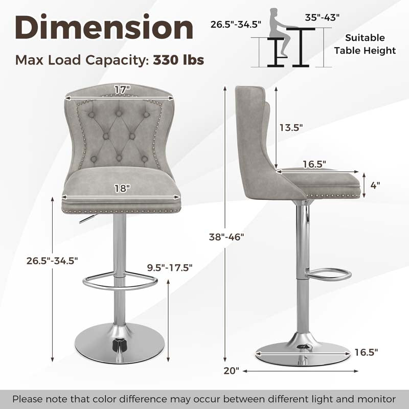 Dutch Velvet Swivel Bar Stools Set of 2, Adjustable Height Bar Chair with Footrest & Metal Base for Kitchen Island, Home & Pub