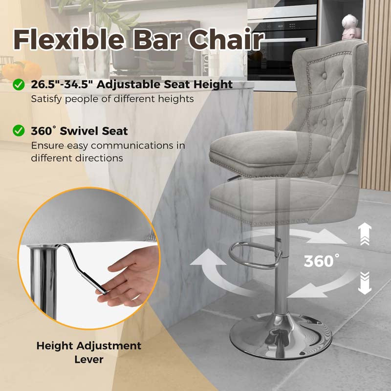 Dutch Velvet Swivel Bar Stools Set of 2, Adjustable Height Bar Chair with Footrest & Metal Base for Kitchen Island, Home & Pub