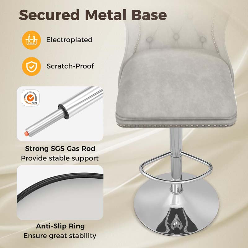Dutch Velvet Swivel Bar Stools Set of 2, Adjustable Height Bar Chair with Footrest & Metal Base for Kitchen Island, Home & Pub