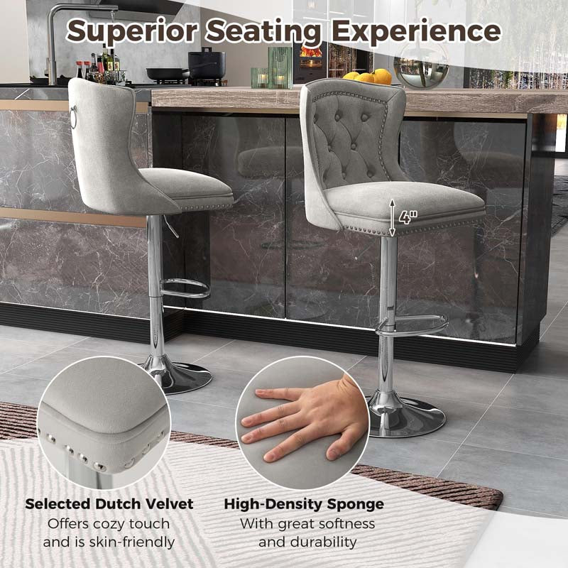 Dutch Velvet Swivel Bar Stools Set of 2, Adjustable Height Bar Chair with Footrest & Metal Base for Kitchen Island, Home & Pub