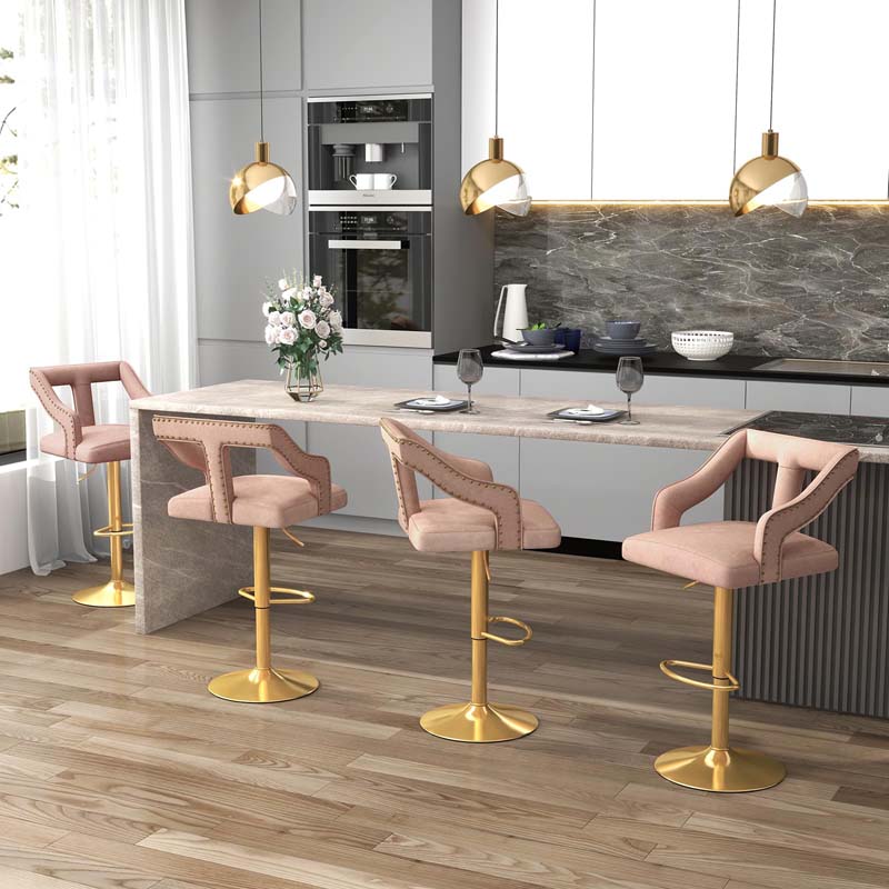 Adjustable Swivel Bar Stools Set of 2/4 with Back & Electroplated Metal Base, Dutch Velvet Dining Chairs for Kitchen Island, Home Bar