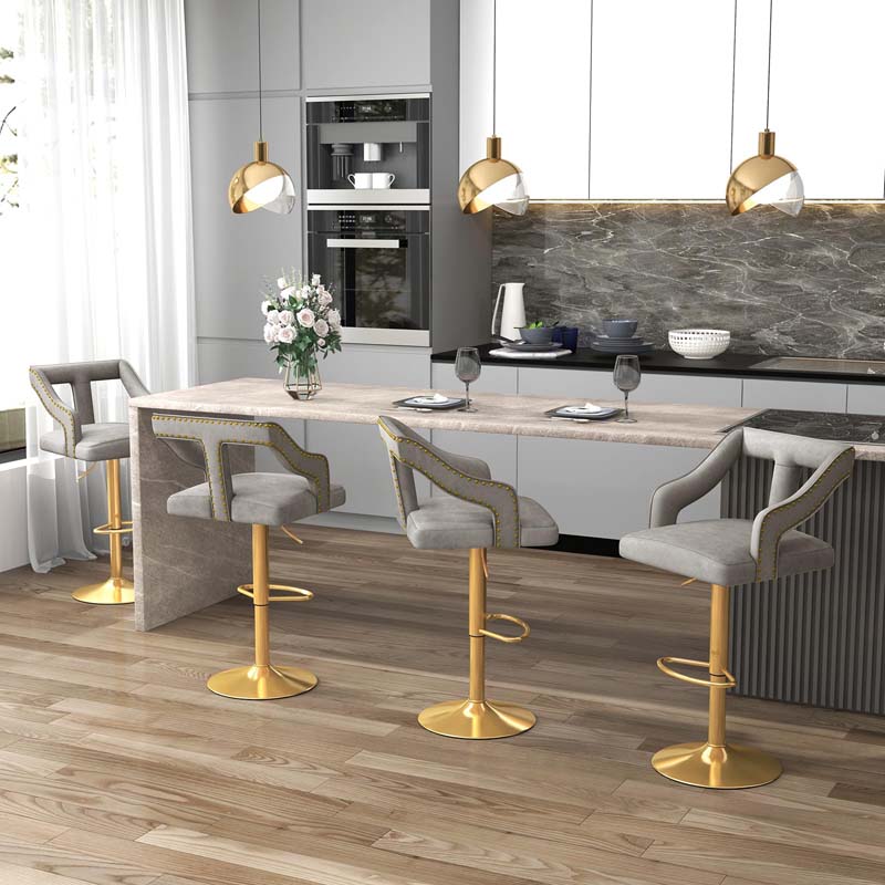 Adjustable Swivel Bar Stools Set of 2/4 with Back & Electroplated Metal Base, Dutch Velvet Dining Chairs for Kitchen Island, Home Bar