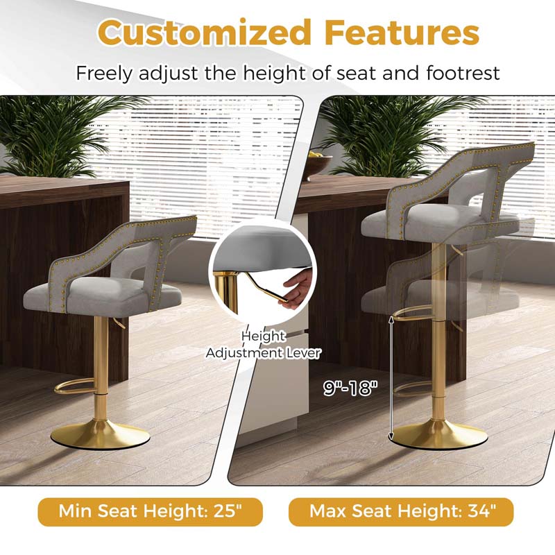 Adjustable Swivel Bar Stools Set of 2/4 with Back & Electroplated Metal Base, Dutch Velvet Dining Chairs for Kitchen Island, Home Bar