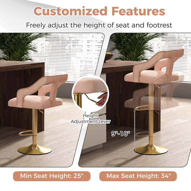 Adjustable Swivel Bar Stools Set of 2/4 with Back & Electroplated Metal Base, Dutch Velvet Dining Chairs for Kitchen Island, Home Bar