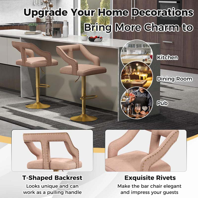Adjustable Swivel Bar Stools Set of 2/4 with Back & Electroplated Metal Base, Dutch Velvet Dining Chairs for Kitchen Island, Home Bar