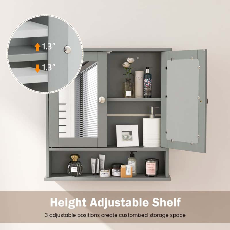 Mirrored Bathroom Storage Cabinet Organizer, Wall Mounted Medicine Cabinet w/Double Mirror Doors & Adjustable Shelf