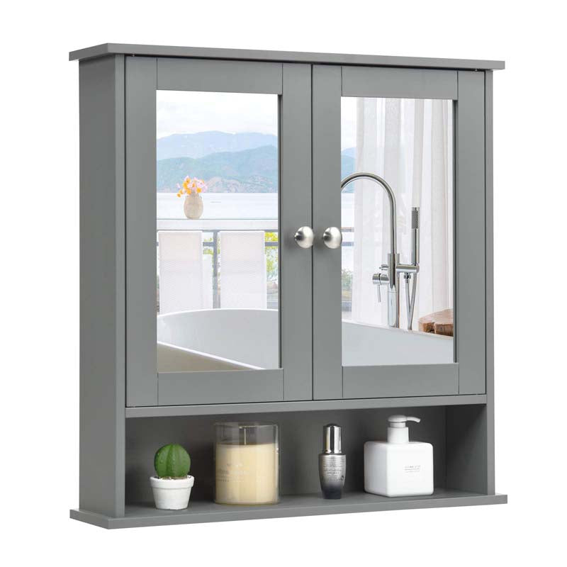 Mirrored Bathroom Storage Cabinet Organizer, Wall Mounted Medicine Cabinet w/Double Mirror Doors & Adjustable Shelf