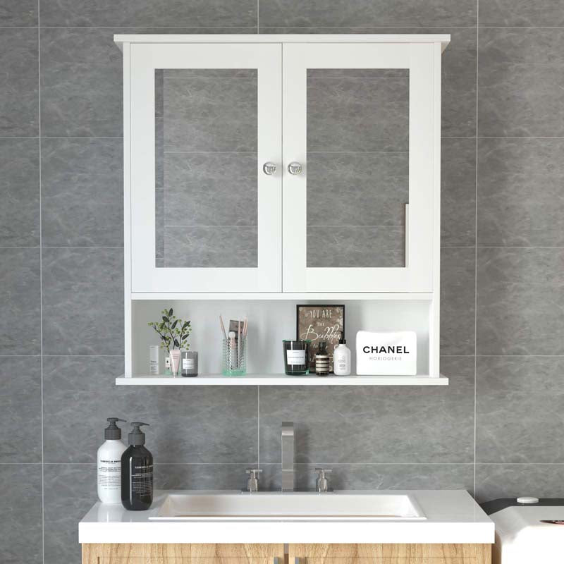 Mirrored Bathroom Storage Cabinet Organizer, Wall Mounted Medicine Cabinet w/Double Mirror Doors & Adjustable Shelf