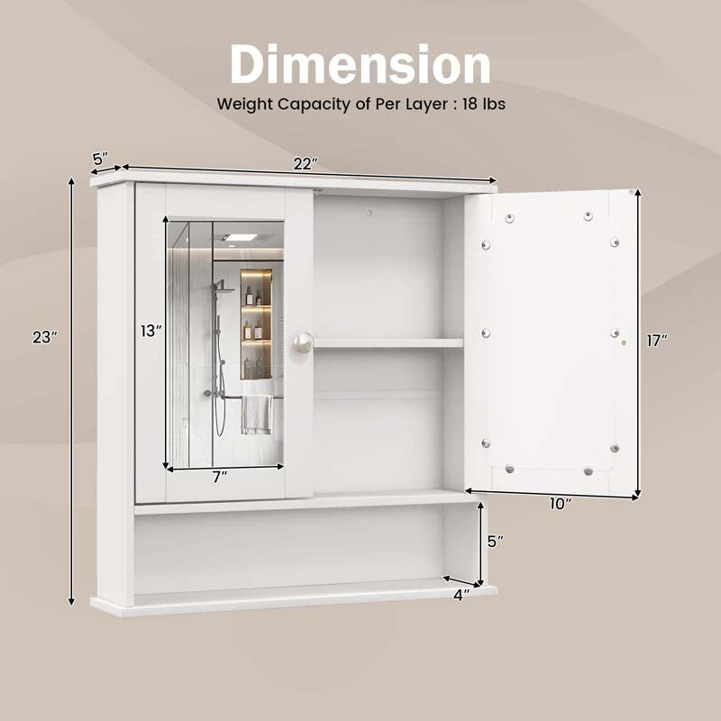 Mirrored Bathroom Storage Cabinet Organizer, Wall Mounted Medicine Cabinet w/Double Mirror Doors & Adjustable Shelf