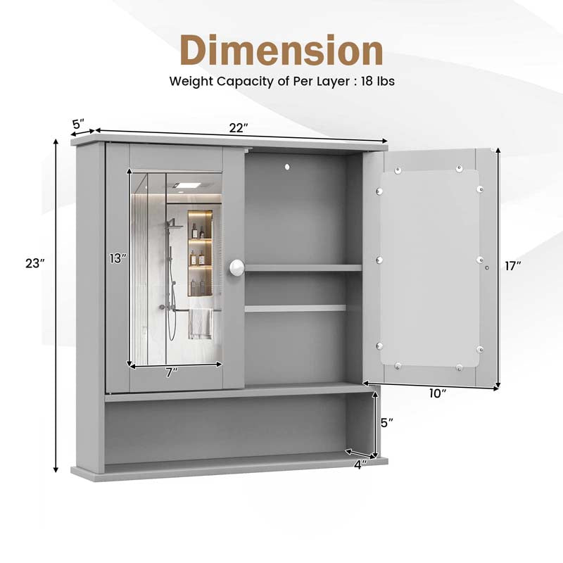 Mirrored Bathroom Storage Cabinet Organizer, Wall Mounted Medicine Cabinet w/Double Mirror Doors & Adjustable Shelf