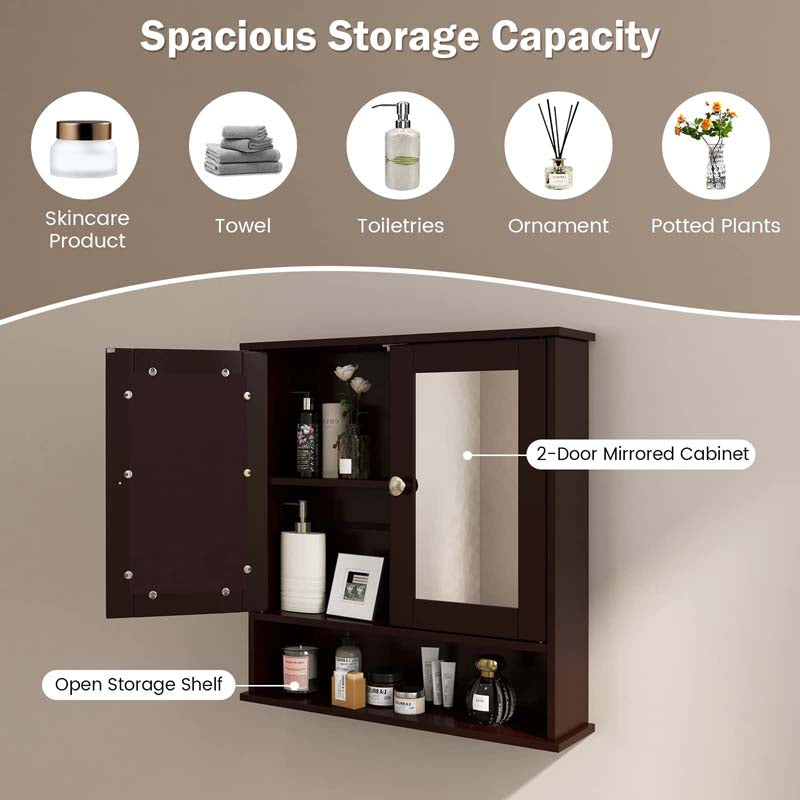 Mirrored Bathroom Storage Cabinet Organizer, Wall Mounted Medicine Cabinet w/Double Mirror Doors & Adjustable Shelf