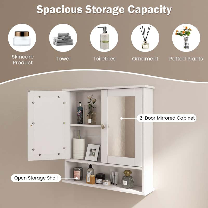 Mirrored Bathroom Storage Cabinet Organizer, Wall Mounted Medicine Cabinet w/Double Mirror Doors & Adjustable Shelf