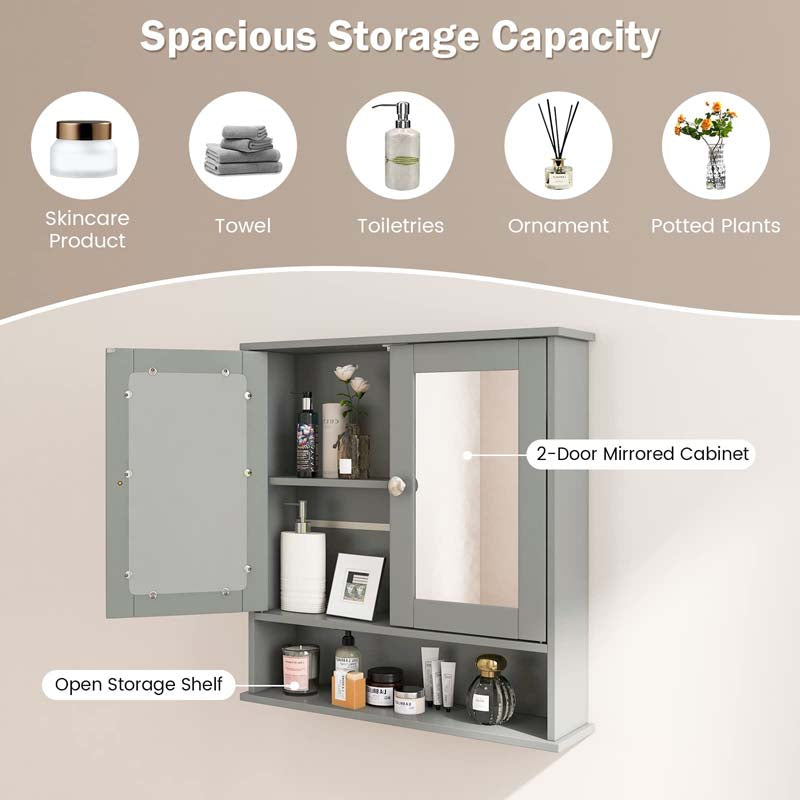 Mirrored Bathroom Storage Cabinet Organizer, Wall Mounted Medicine Cabinet w/Double Mirror Doors & Adjustable Shelf