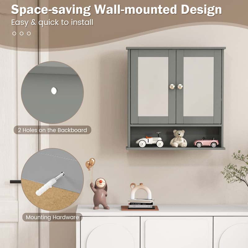 Mirrored Bathroom Storage Cabinet Organizer, Wall Mounted Medicine Cabinet w/Double Mirror Doors & Adjustable Shelf