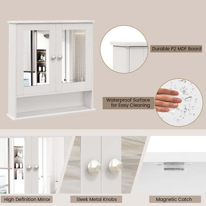 Mirrored Bathroom Storage Cabinet Organizer, Wall Mounted Medicine Cabinet w/Double Mirror Doors & Adjustable Shelf