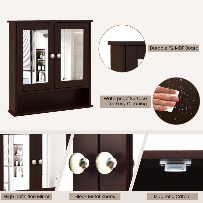 Mirrored Bathroom Storage Cabinet Organizer, Wall Mounted Medicine Cabinet w/Double Mirror Doors & Adjustable Shelf