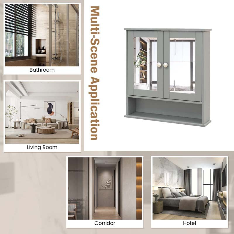 Mirrored Bathroom Storage Cabinet Organizer, Wall Mounted Medicine Cabinet w/Double Mirror Doors & Adjustable Shelf