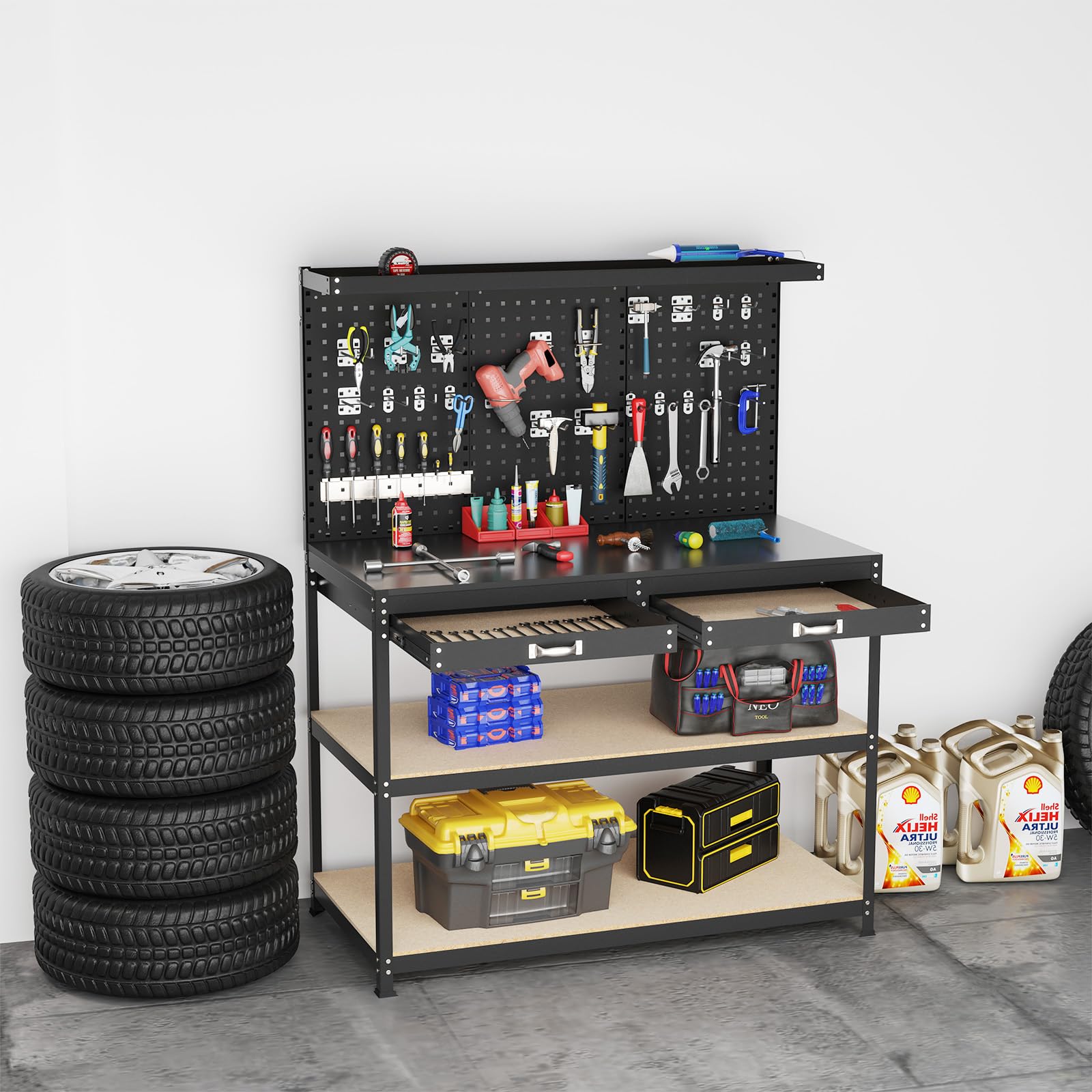 48" x 24" Workbench Work Table with 3 PCs Pegboard, Drawer & Shelves, 24 Hanging Accessories, 506 LBS Heavy-Duty Metal Tool Work Station