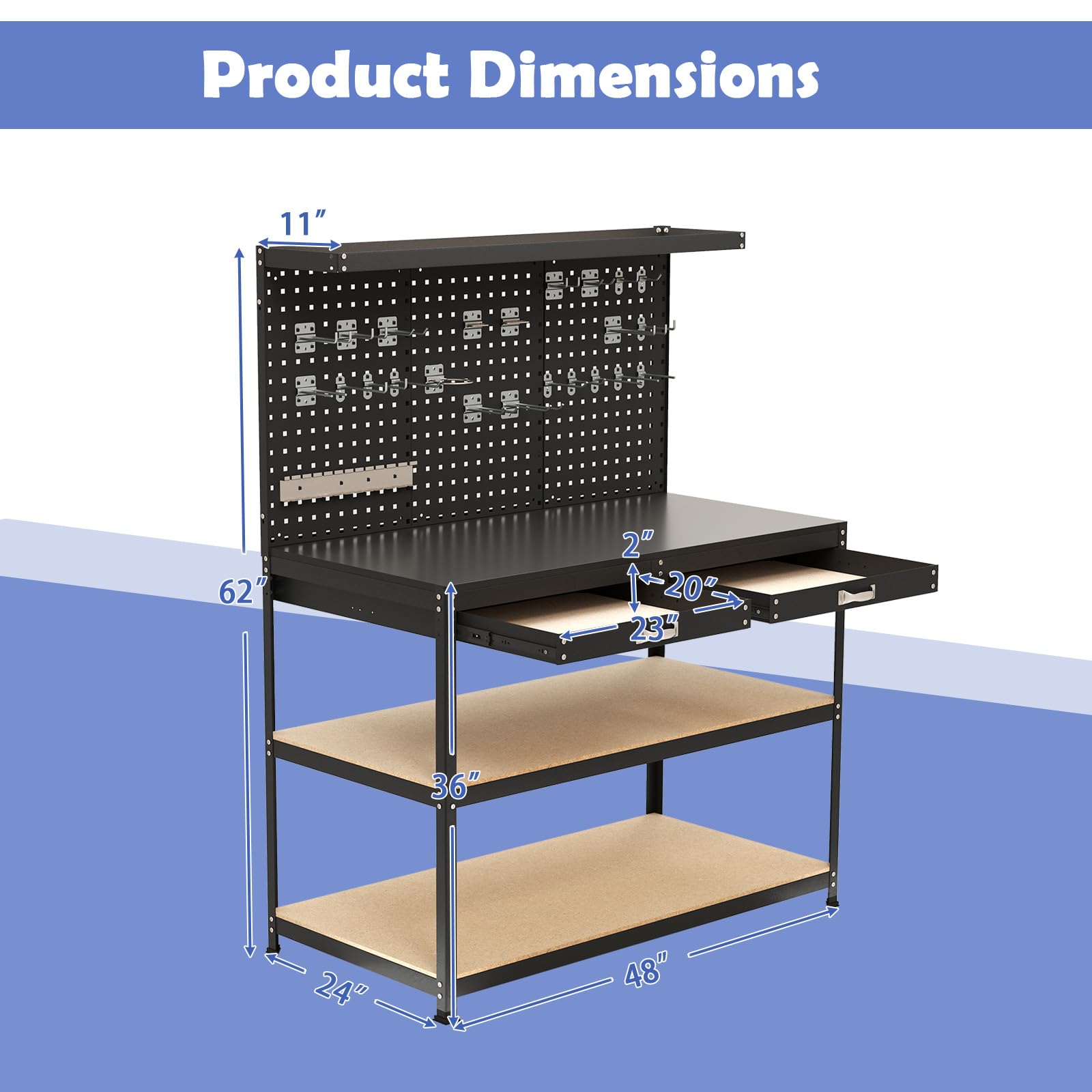 48" x 24" Workbench Work Table with 3 PCs Pegboard, Drawer & Shelves, 24 Hanging Accessories, 506 LBS Heavy-Duty Metal Tool Work Station