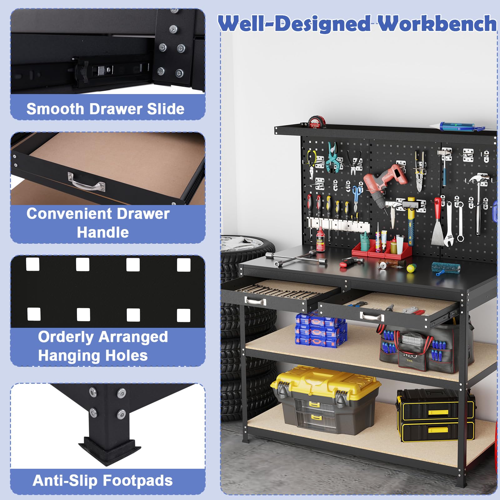 48" x 24" Workbench Work Table with 3 PCs Pegboard, Drawer & Shelves, 24 Hanging Accessories, 506 LBS Heavy-Duty Metal Tool Work Station