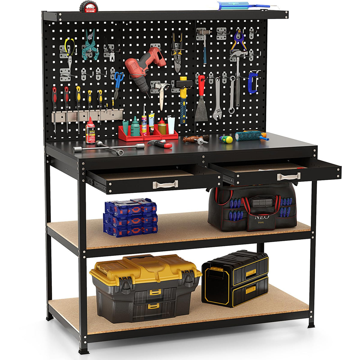 48" x 24" Workbench Work Table with 3 PCs Pegboard, Drawer & Shelves, 24 Hanging Accessories, 506 LBS Heavy-Duty Metal Tool Work Station