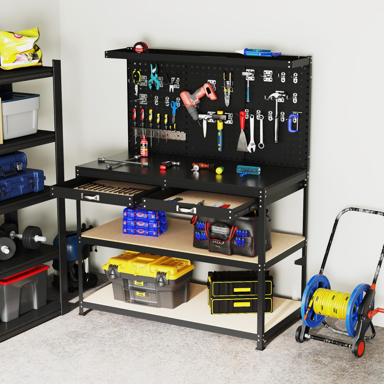 48" x 24" Workbench Work Table with 3 PCs Pegboard, Drawer & Shelves, 24 Hanging Accessories, 506 LBS Heavy-Duty Metal Tool Work Station